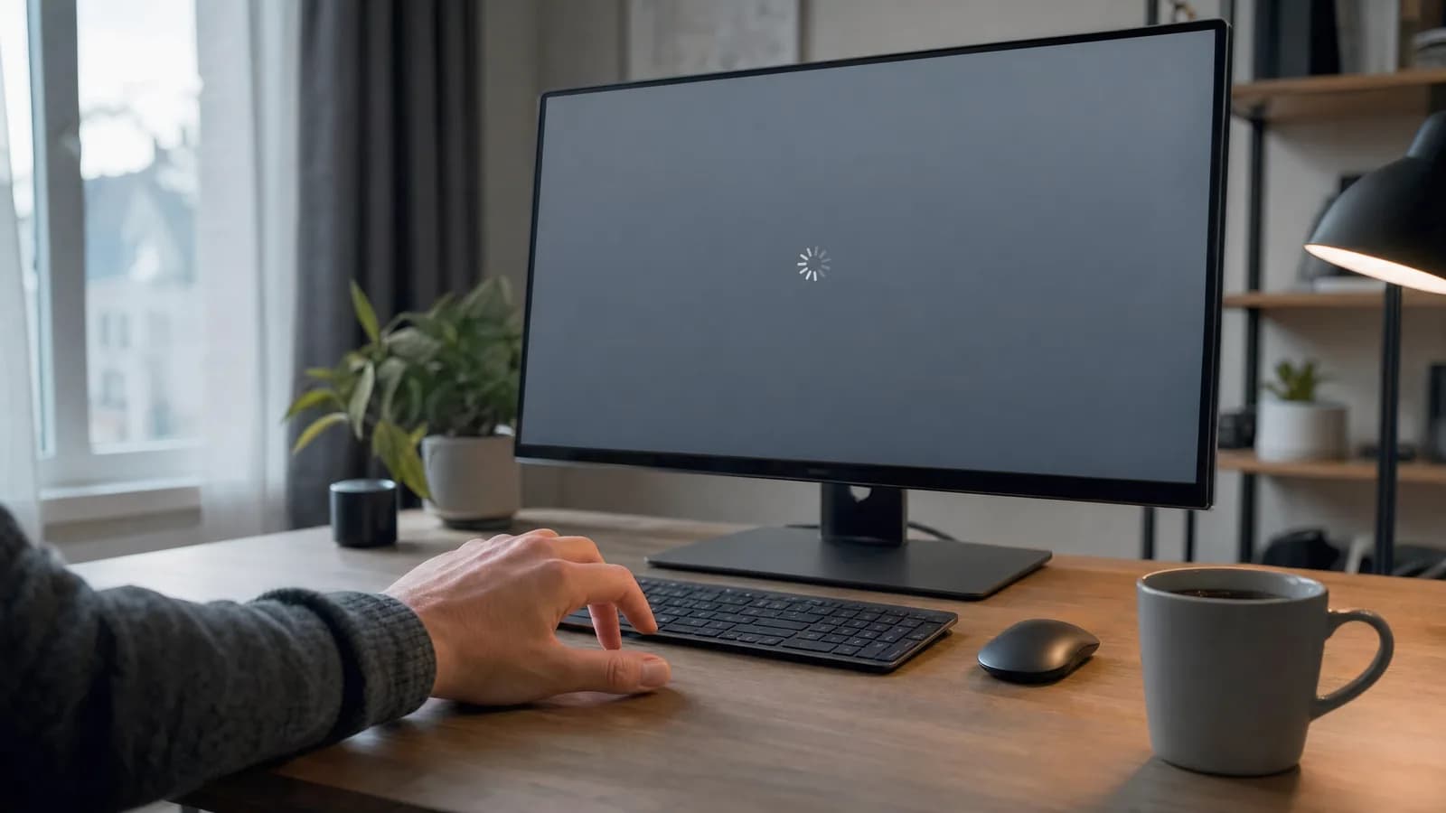 Mão sobre a mesa esperando o computador responder, com o símbolo de carregando na tela