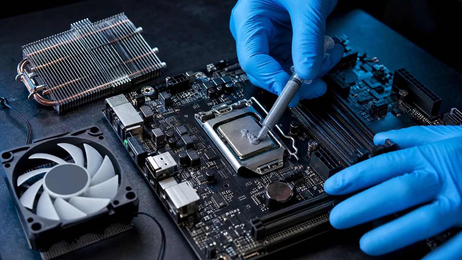 Técnico aplicando pasta térmica no processador, com o cooler ao lado na bancada