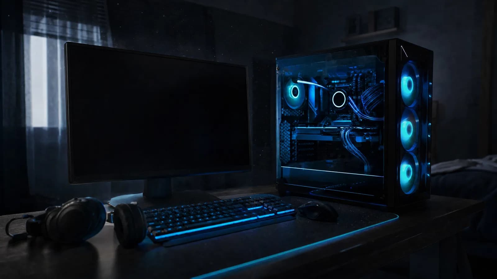 PC gamer com iluminação azul ligado e monitor apagado num quarto escuro