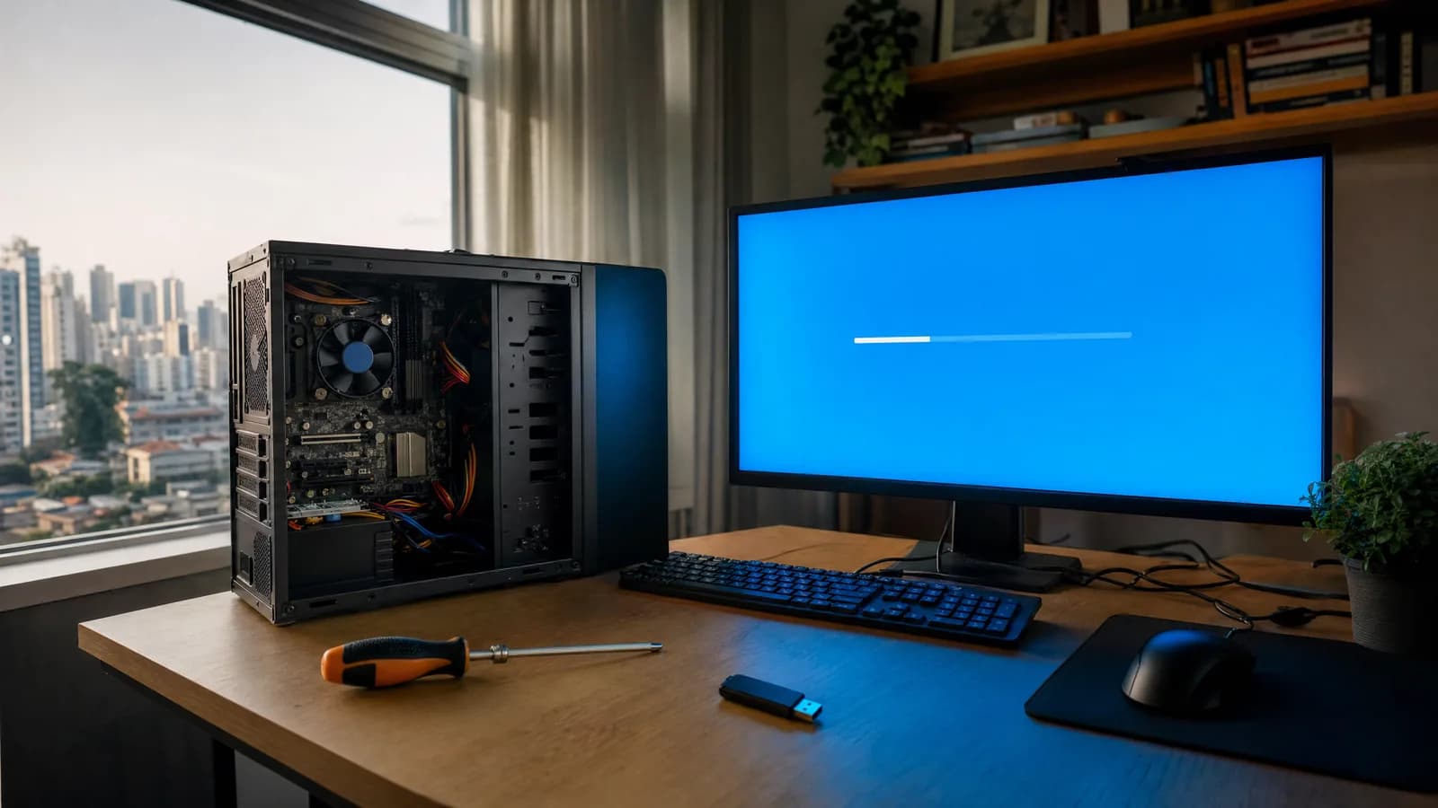 Computador de mesa aberto ao lado do monitor, com a instalação do Windows em andamento